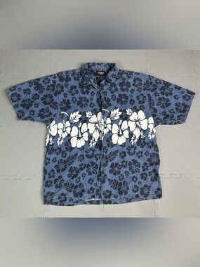 Am Pm Shirt Men’s 2X Hibiscus Floral Blue White Button Up Short Sleeve Vtg